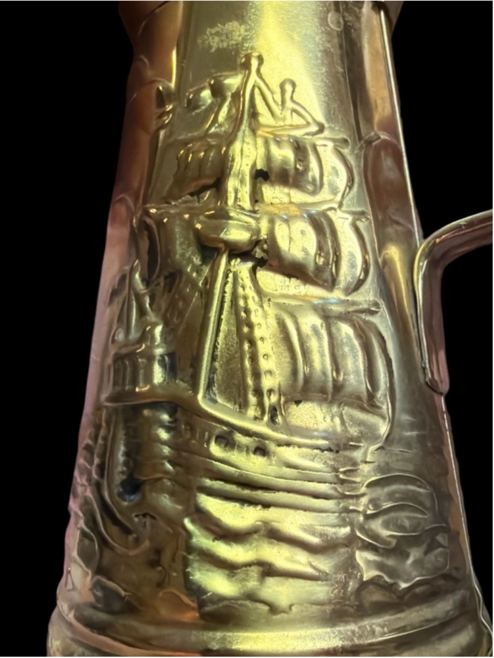 Vintage Brass Nautical Pitcher Tall Ship & Lighthouse Coastal Decor 6.5” - Picture 6 of 8
